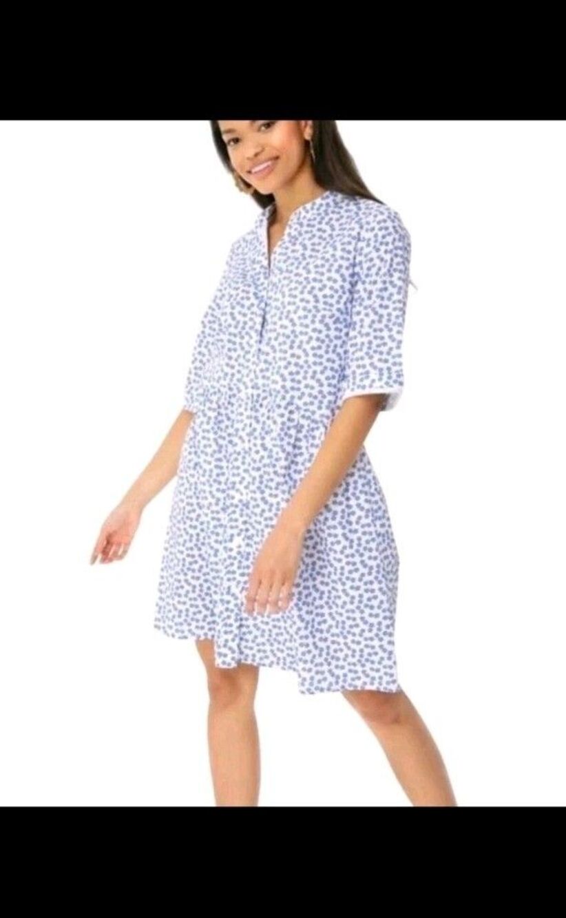 Tuckernuck Ditsy Royal Blue Floral Button Down Shirt Dress XL White Cotton Blend